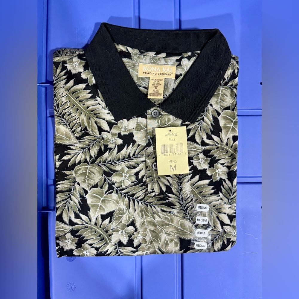VINTAGE NWT Kona Kai Trading Co. Men’s Polo Shirt M Black Tropical Floral